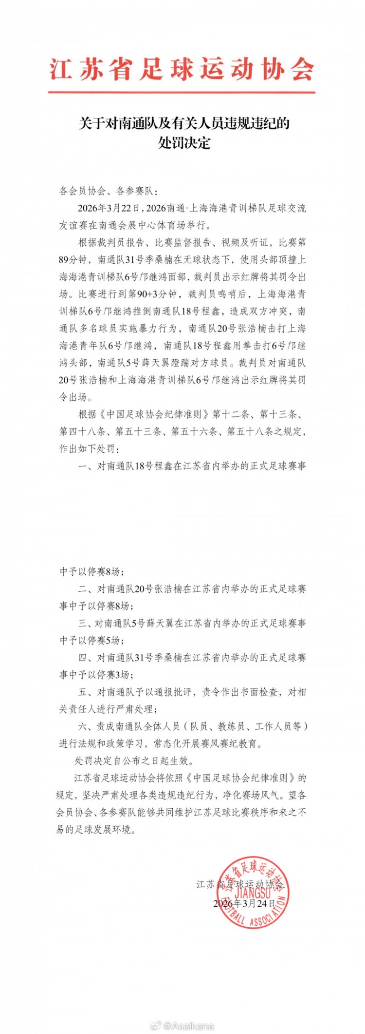 开云官网-江苏足协、上海足协对南通队vs海港U20队多人互殴事件进行处罚